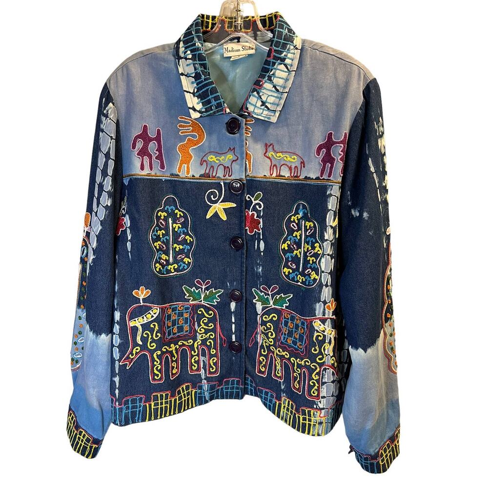 Madison Studio, Blue, Aztec Embroidery Button up Top, Women's L
